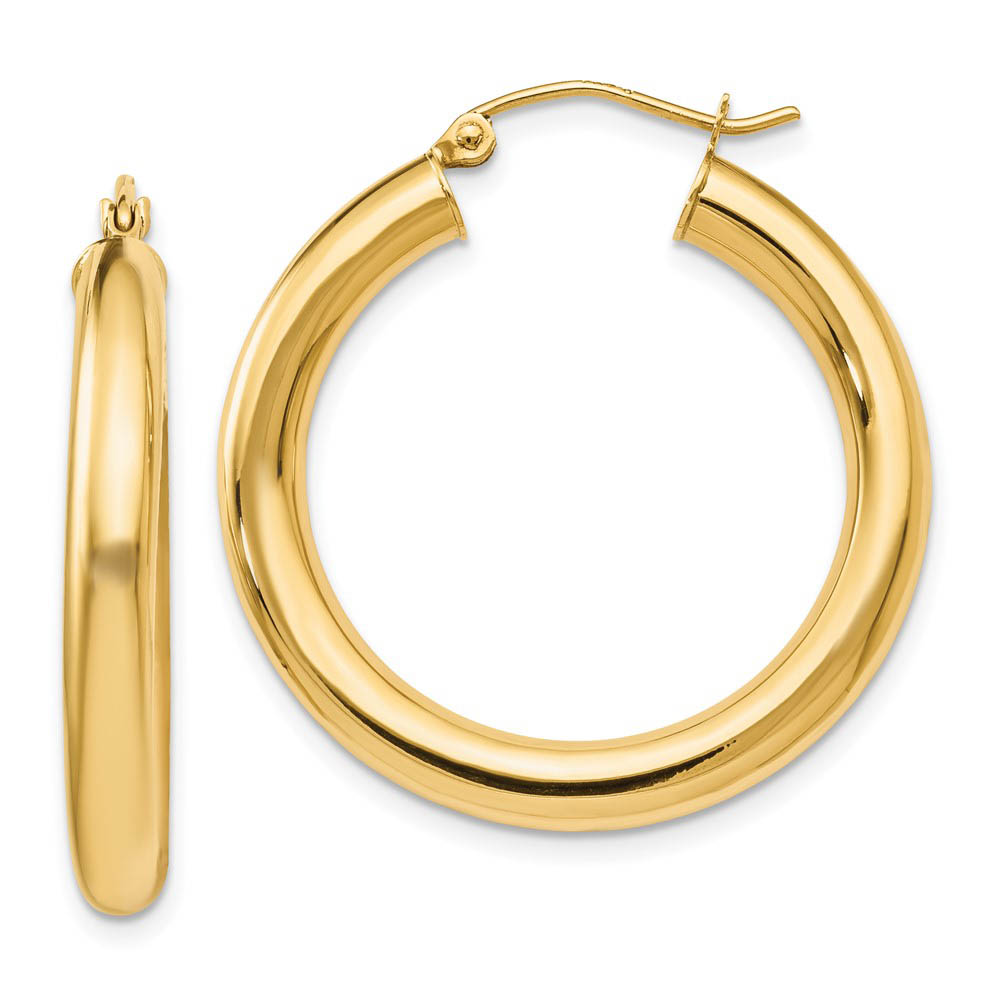 4mm x 29mm (1 1/8 Inch) 14k Yellow Gold Classic Round Hoop Earrings