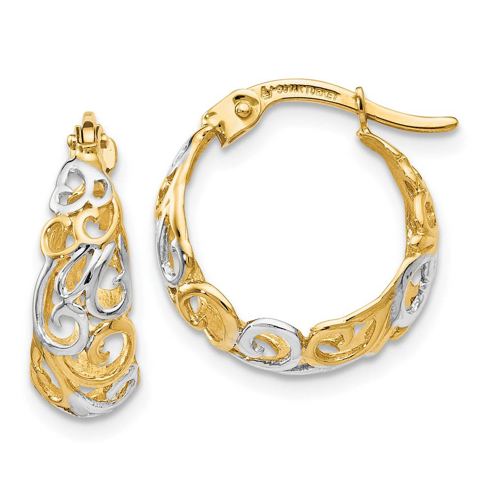 6x16mm (5/8 Inch) 14k Yellow Gold & Rhodium Ornate Tapered Round Hoops