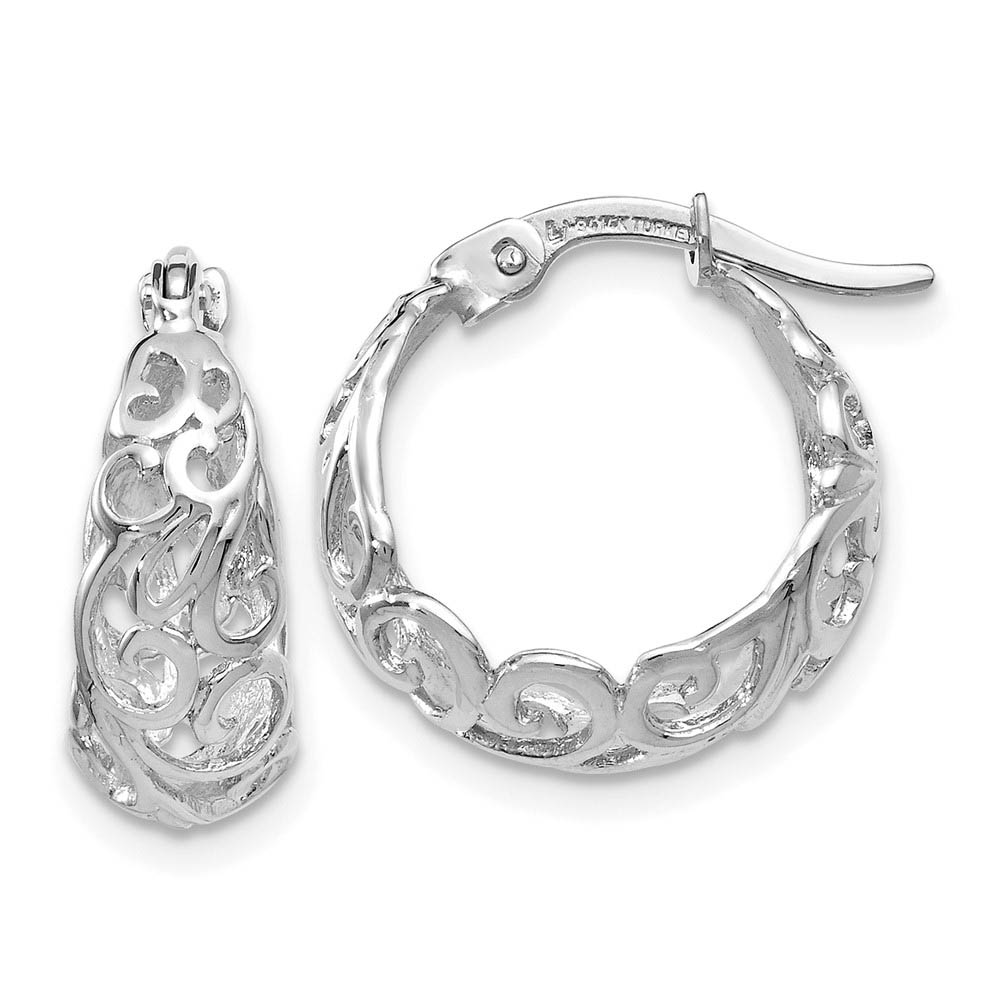 Ornate Tapered Round Hoop Earrings in 14k White Gold, 16mm (5/8 Inch)