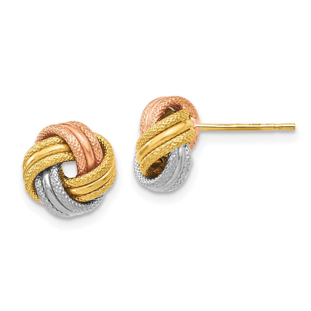 8.5mm 14k Tri-Color Gold Polished & Textured Love Knot Stud Earrings