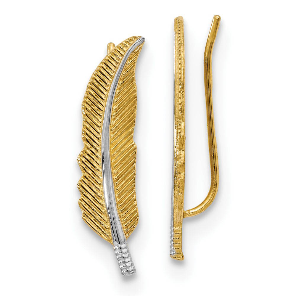 6 x 22mm 14k Yellow Gold with Rhodium Feather Ear Climber Earrings