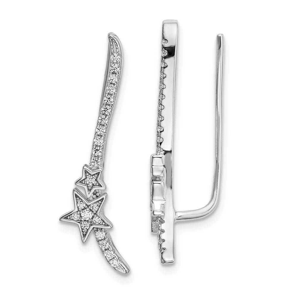 6 x 28mm Rhodium-Plated Sterling Silver CZ Star Ear Climber Earrings