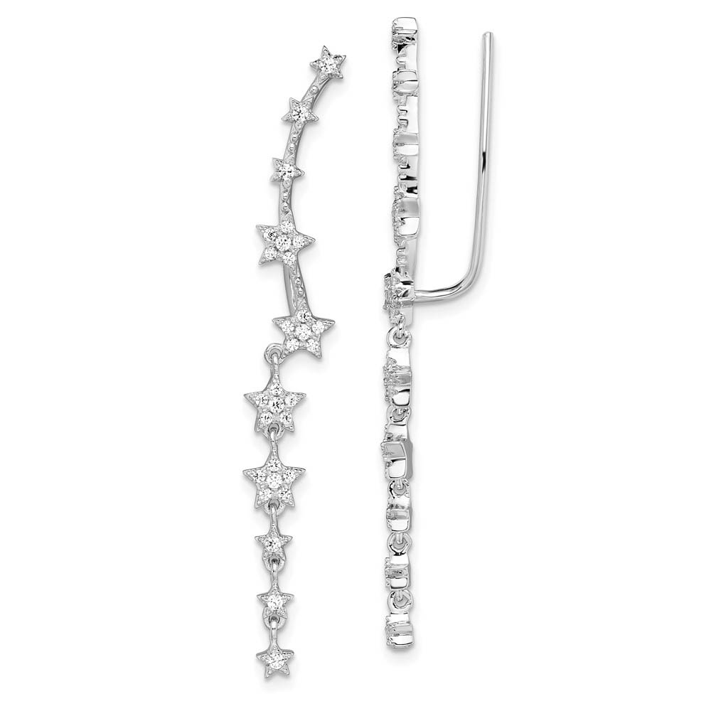 5 x 51mm Rhodium-Plated Sterling Silver Dangling CZ Stars Ear Climbers
