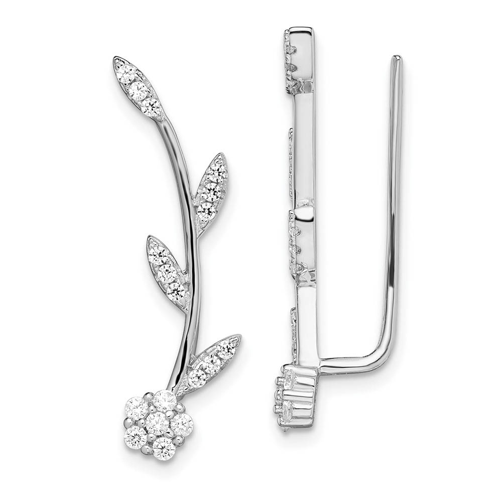 6 x 27mm Rhodium-Plated Sterling Silver CZ Flower Ear Climber Earrings