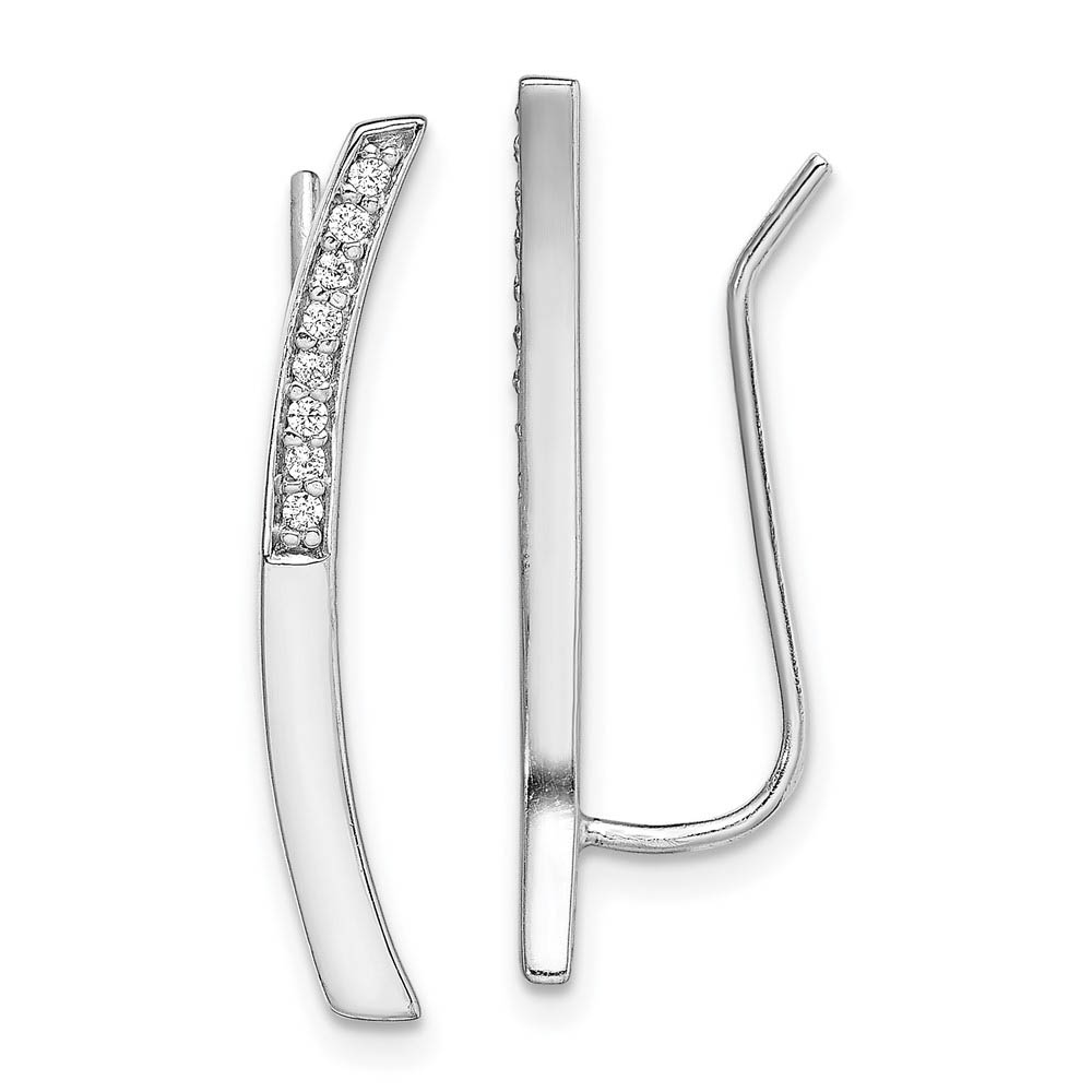 2 x 25mm Rhodium-Plated Sterling Silver CZ Curved Ear Climber Earrings
