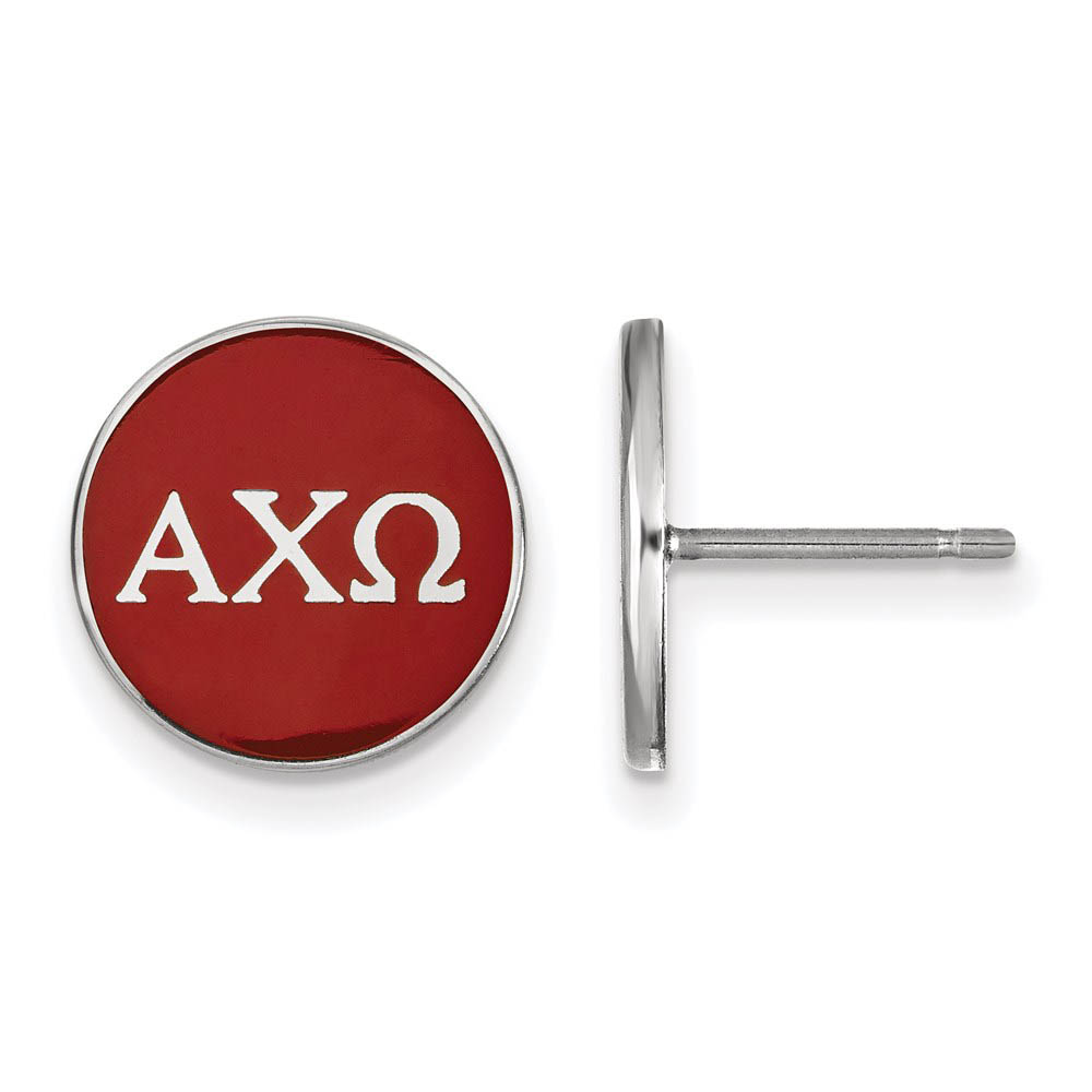 Sterling Silver Alpha Chi Omega Red Enamel Disc Post Earrings