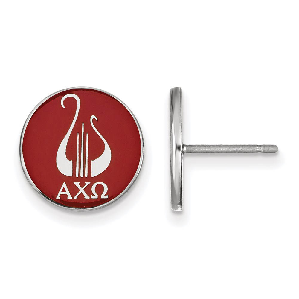 Sterling Silver Alpha Chi Omega Red Enamel Logo Disc Post Earrings