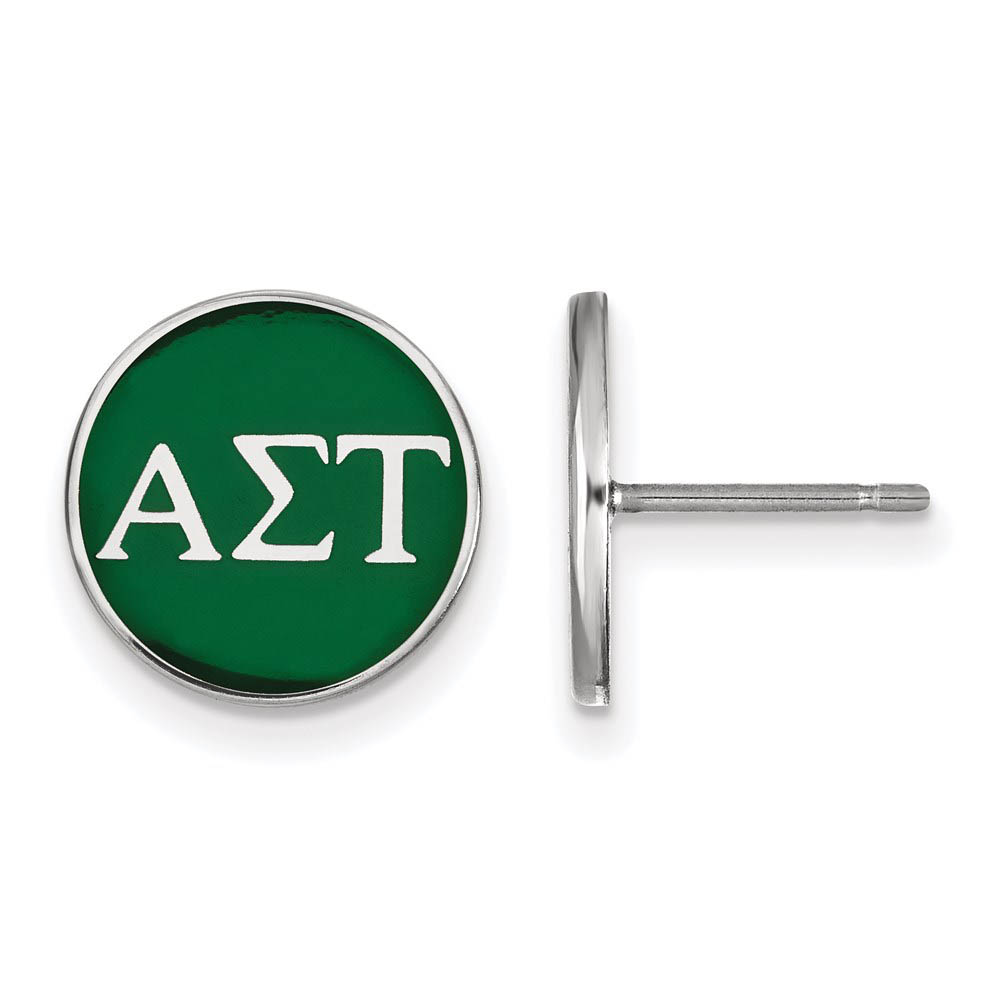 Sterling Silver Alpha Sigma Tau Green Enamel Disc Post Earrings