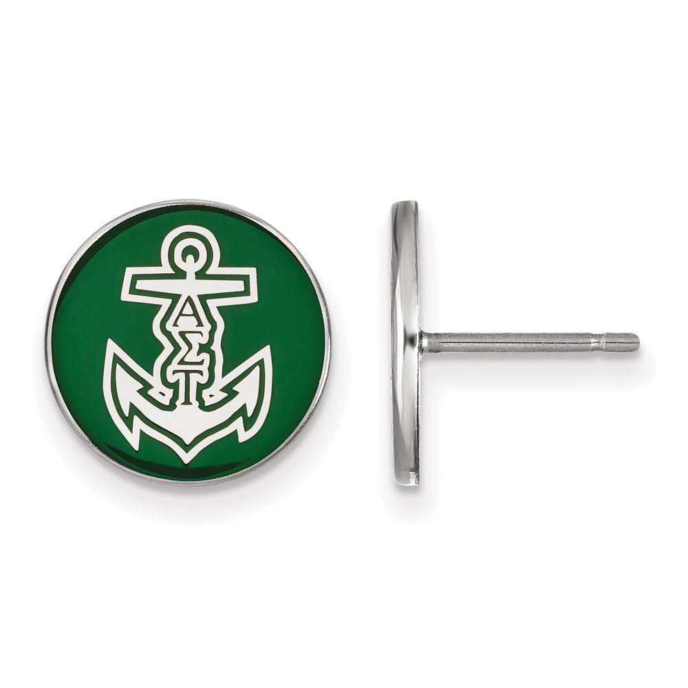 Sterling Silver Alpha Sigma Tau Green Enamel Logo Post Earrings