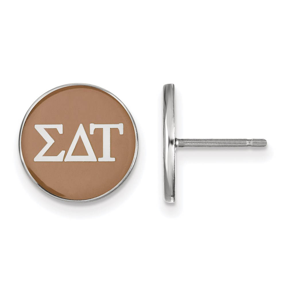 Sterling Silver Sigma Delta Tau Brown Enamel Disc Post Earrings