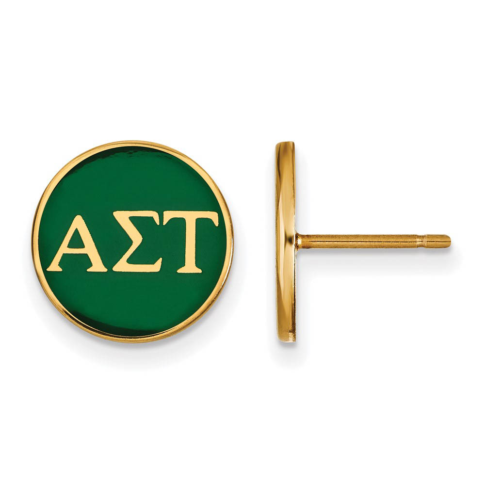 14K Plated Silver Alpha Sigma Tau Green Enamel Disc Post Earrings