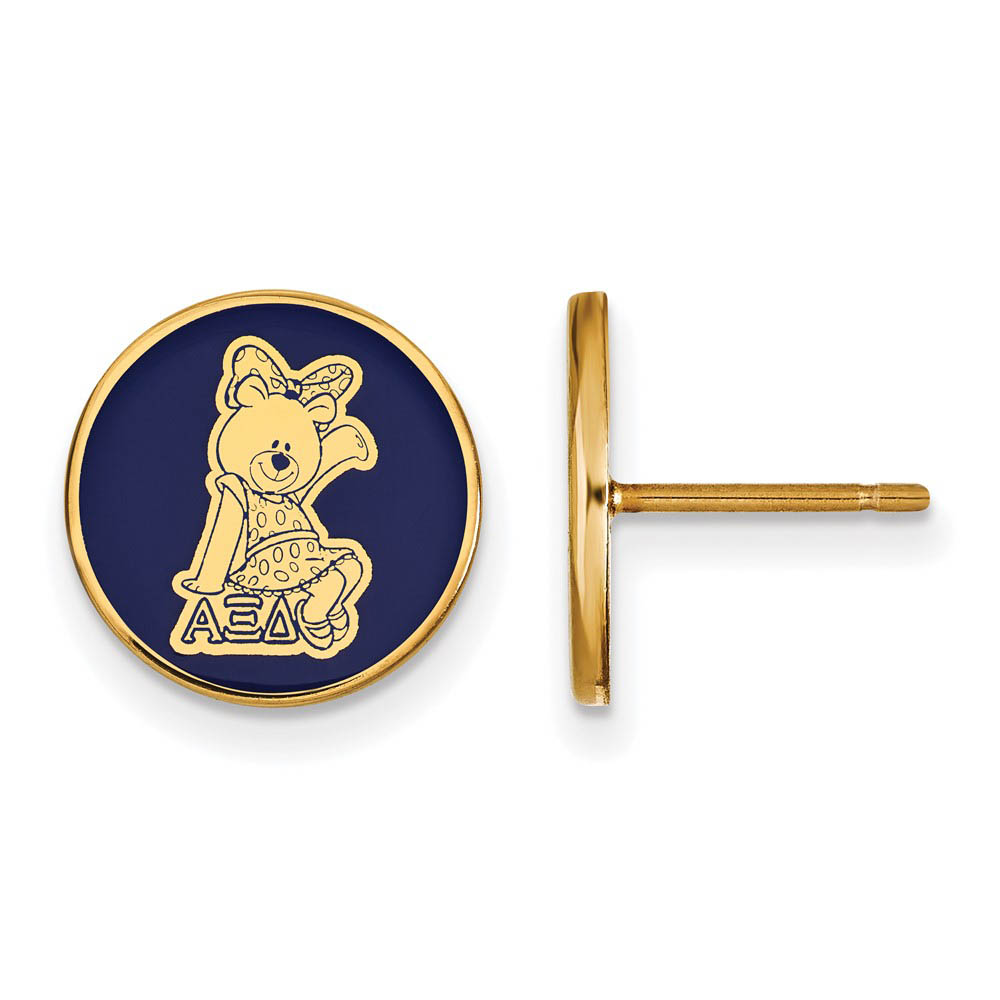 14K Plated Silver Alpha Xi Delta Blue Enamel Bear Disc Post Earrings