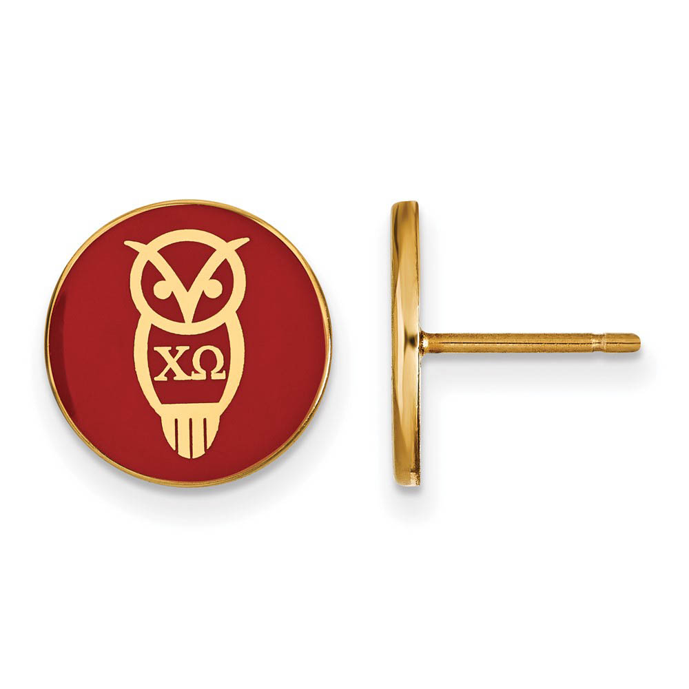 14K Plated Silver Chi Omega Red Enamel Owl Disc Post Earrings