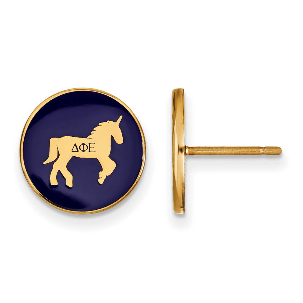 14K Plated Silver Delta Phi Epsilon Enamel Unicorn Disc Post Earrings