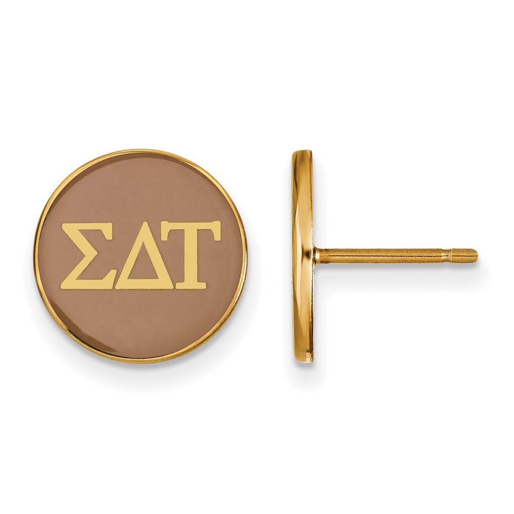 14K Plated Silver Sigma Delta Tau Brown Enamel Disc Post Earrings