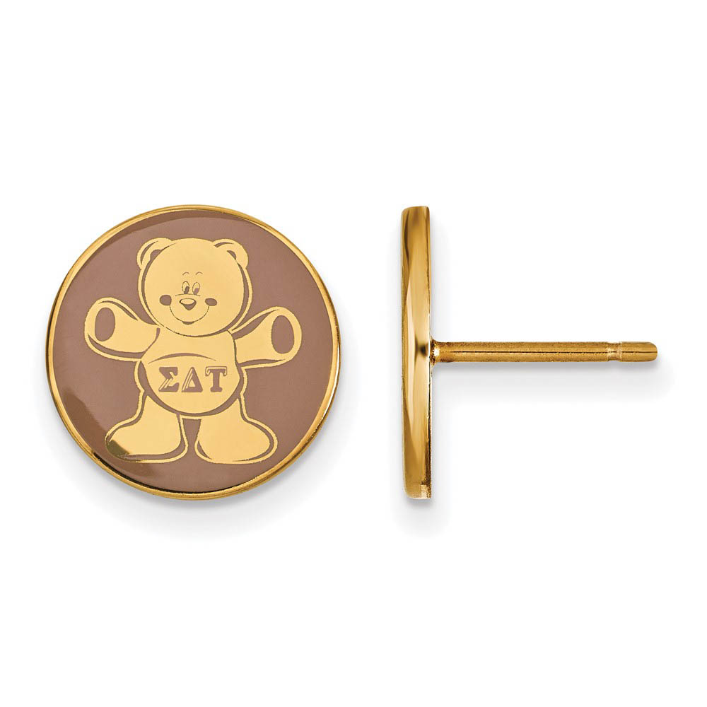 14K Plated Silver Sigma Delta Tau Brown Enamel Bear Post Earrings