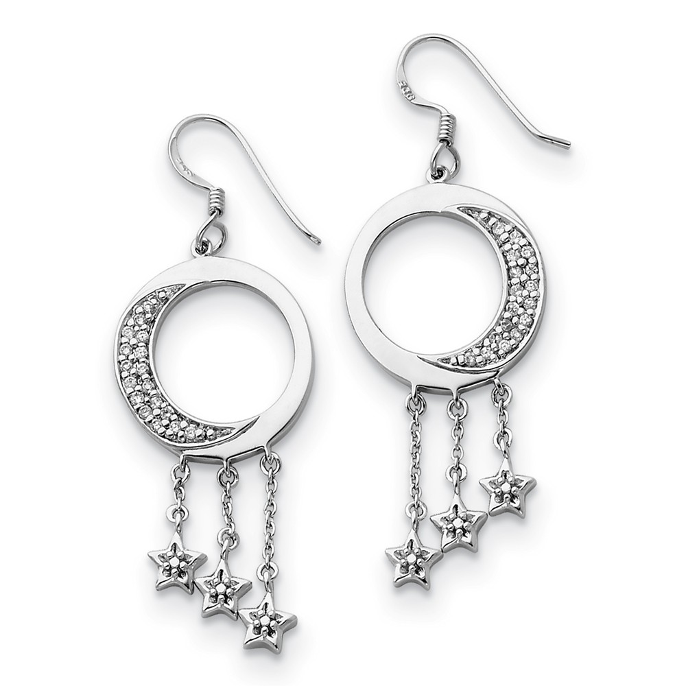 Rhodium Plated Sterling Silver & CZ Moon & Stars Dangle Earrings, 46mm Rhodium Plated Sterling Silver & CZ Moon & Stars Dangle Earrings, 46mm