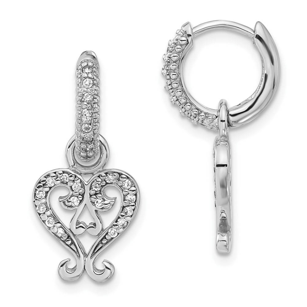 Rhodium Sterling Silver & CZ Heart, Hinged Hoop Earrings, 12 x 25mm