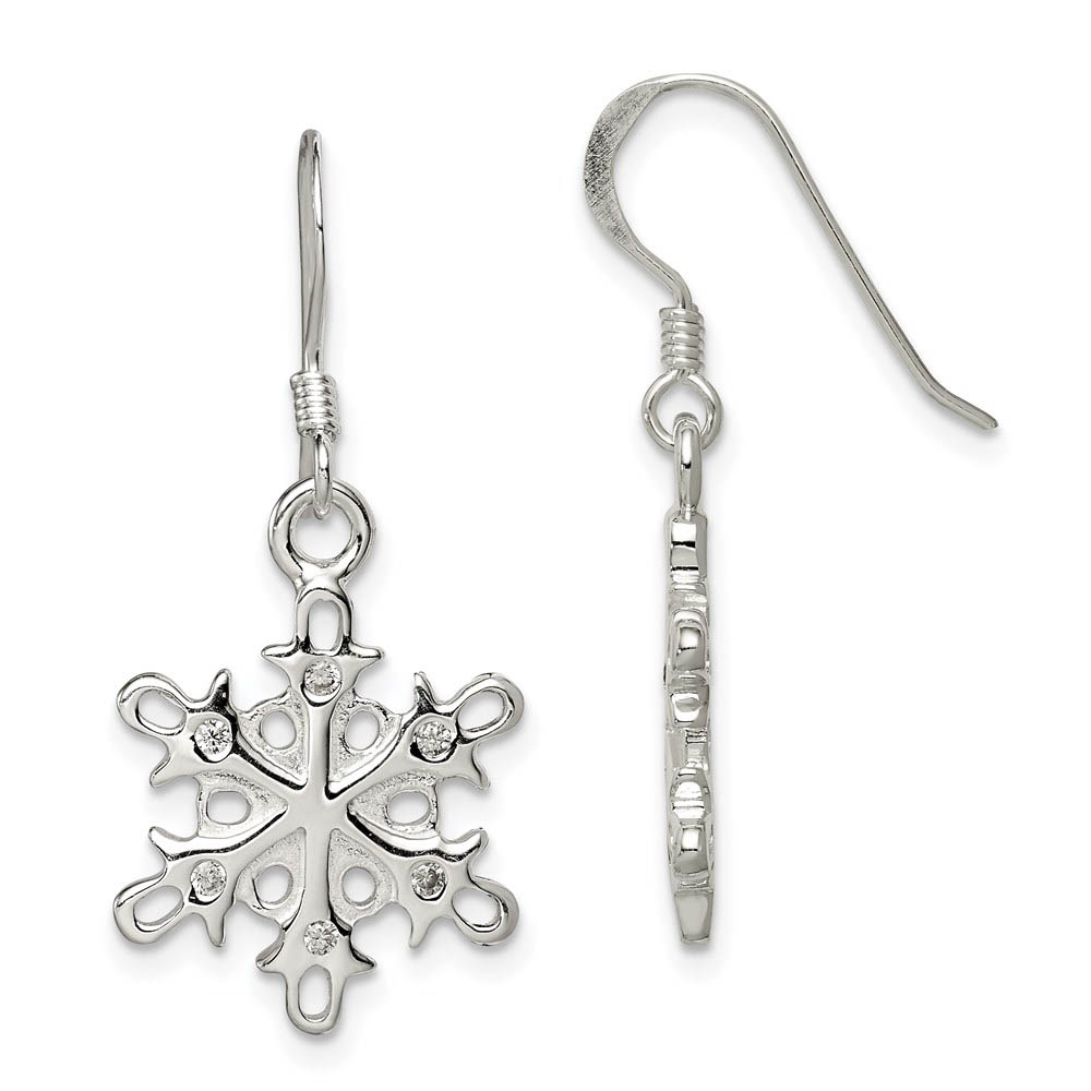 Sterling Silver Polished and Satin CZ Snowflake Dangle Earrings