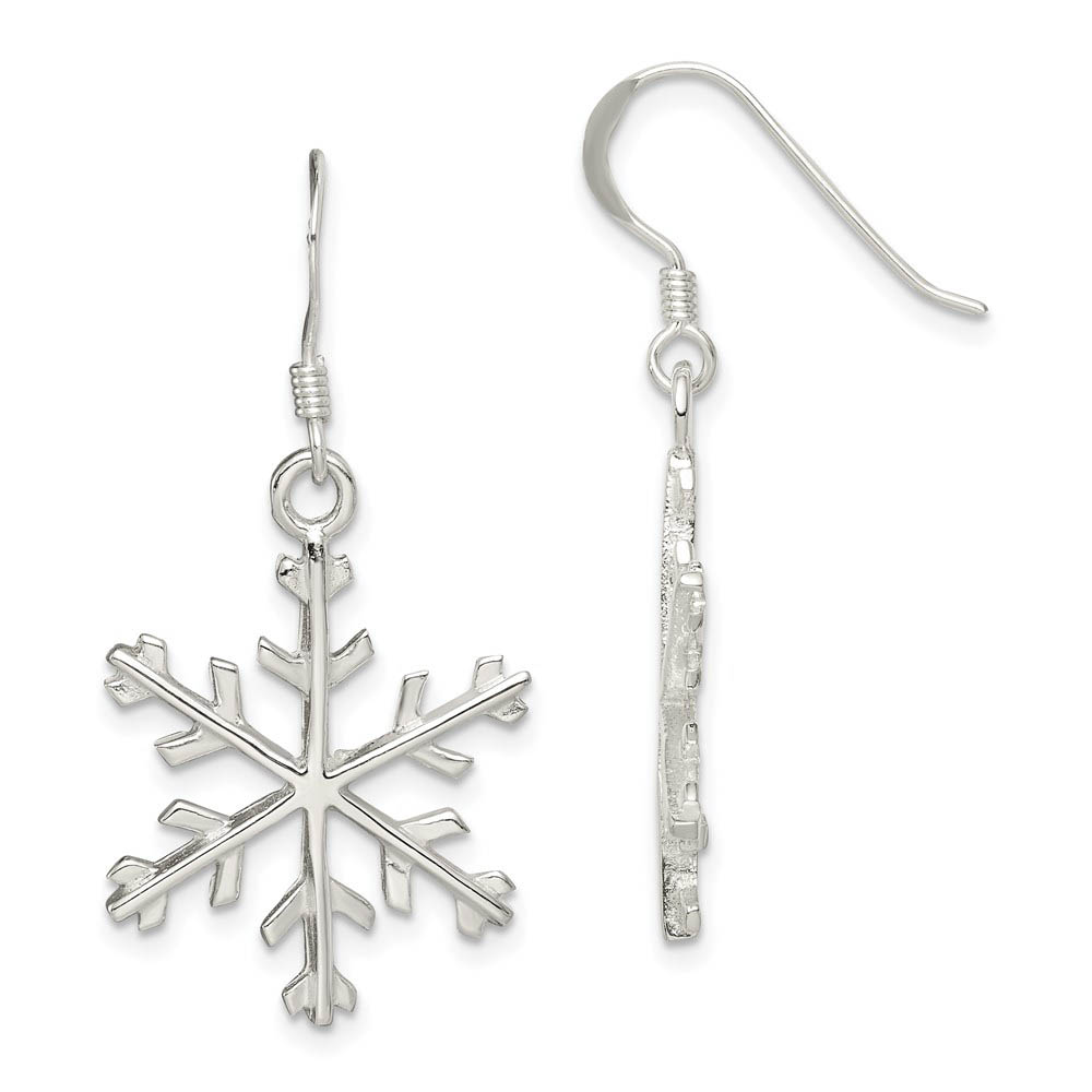 Sterling Silver Polished Snowflake Dangle Earrings - 7/8 Inches