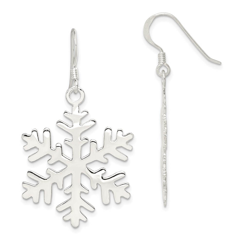 Sterling Silver Polished and Full Snowflake Dangle Earrings - 1 Inch