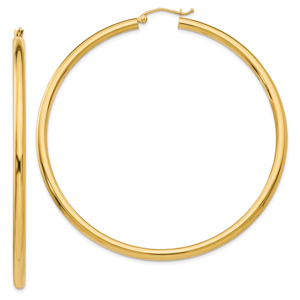 3mm, 14k Yellow Gold Classic Round Hoop Earrings, 65mm (2 1/2 Inch)