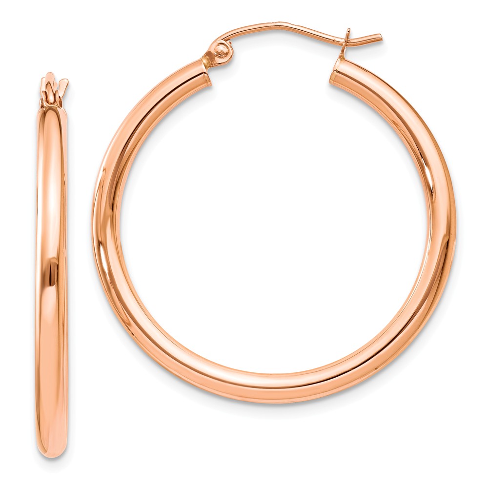 2.5mm, 14k Rose Gold Polished Round Hoop Earrings, 30mm (1 1/8 Inch)