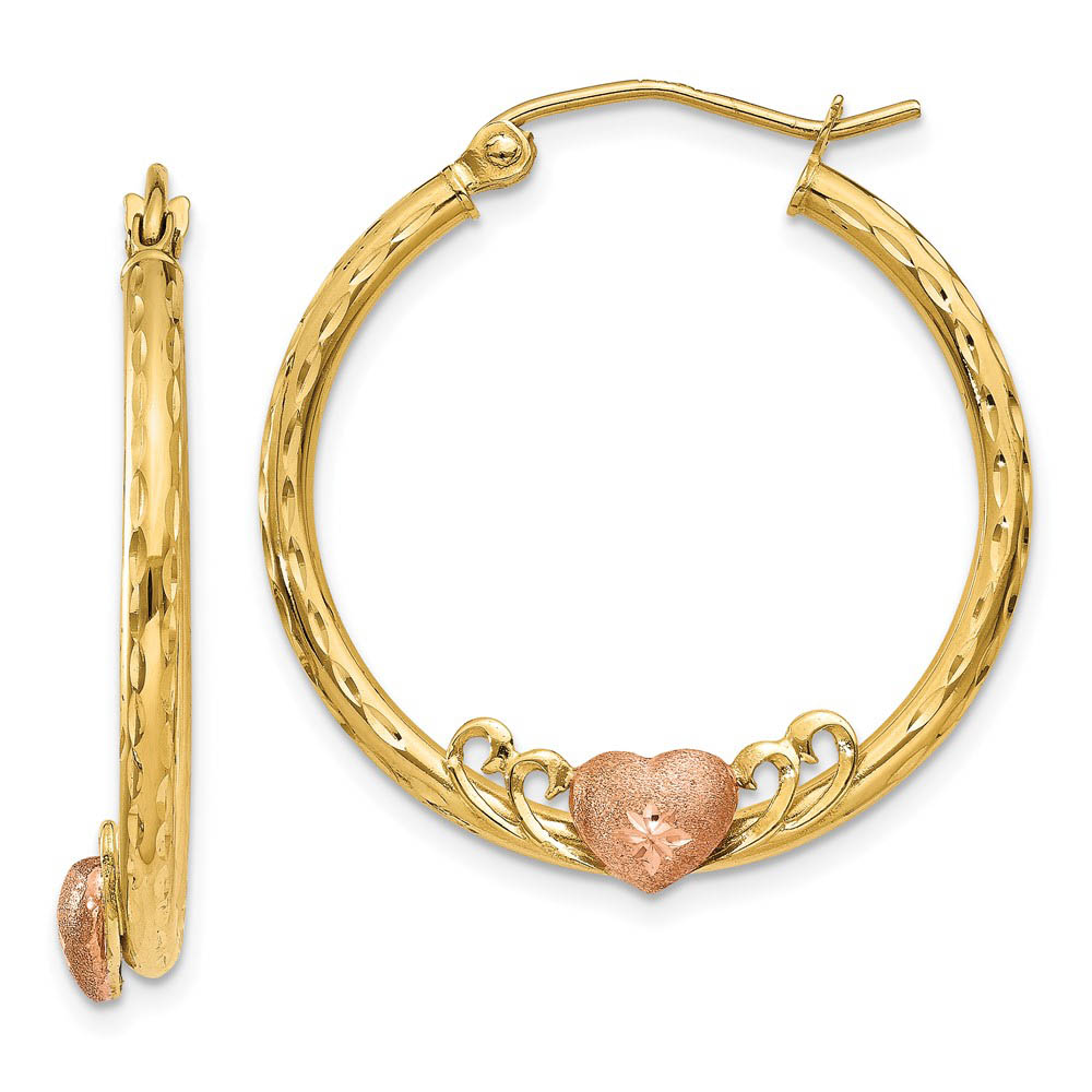 Heart and Diamond-cut Round Hoops in 14k Yellow Gold and Rose Rhodium