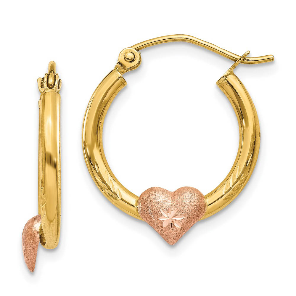 Heart and Diamond-cut Round Hoops in 14k Two Tone Gold