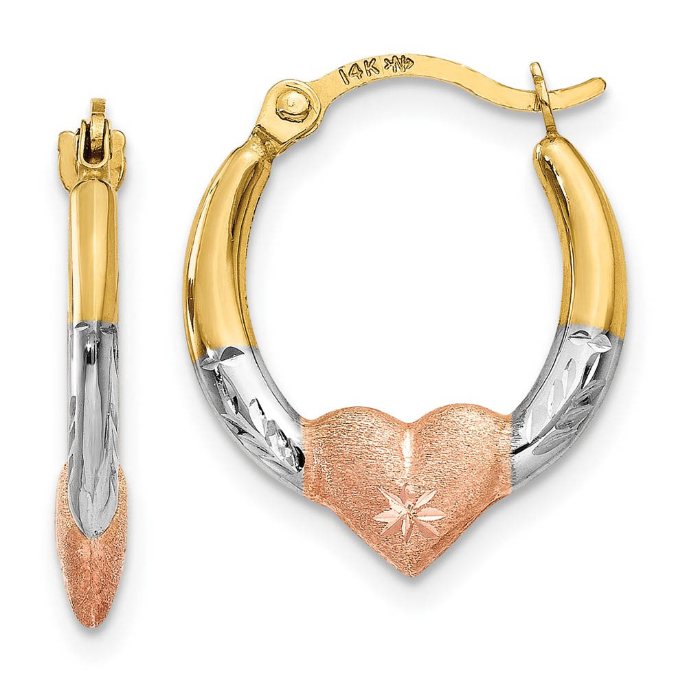 Tri-Color Heart and Diamond-cut Hoops in 14k Yellow Gold, 13mm