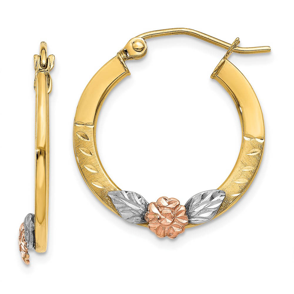 Flower Diamond-cut Round Hoops in 14k Two-tone Gold and Rhodium