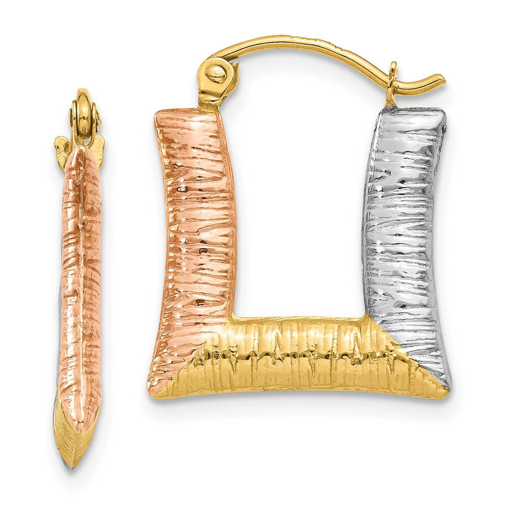 Tri-Color Puffed Square Hoop Earrings in 14k Yellow Gold and Rhodium