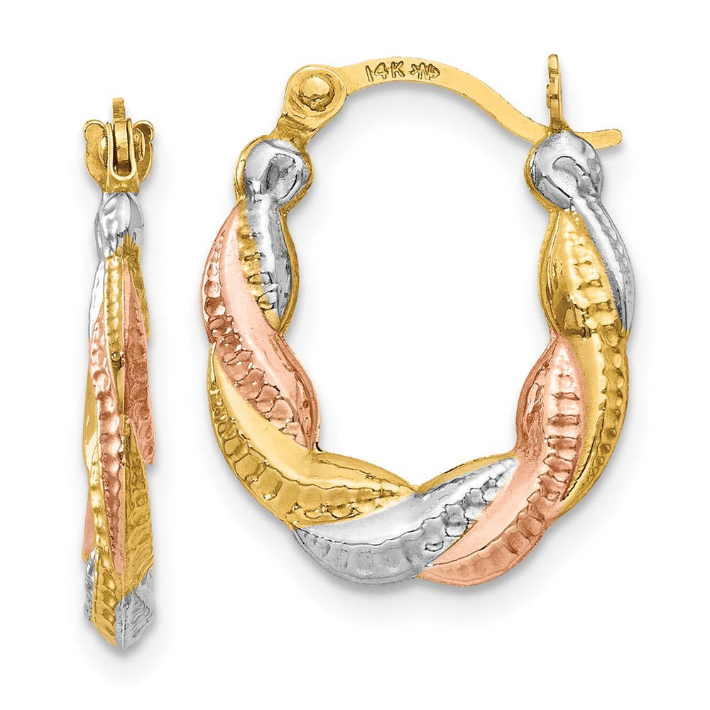 Tri-Color Twisted Hoops in 14k Yellow Gold with White and Rose Rhodium