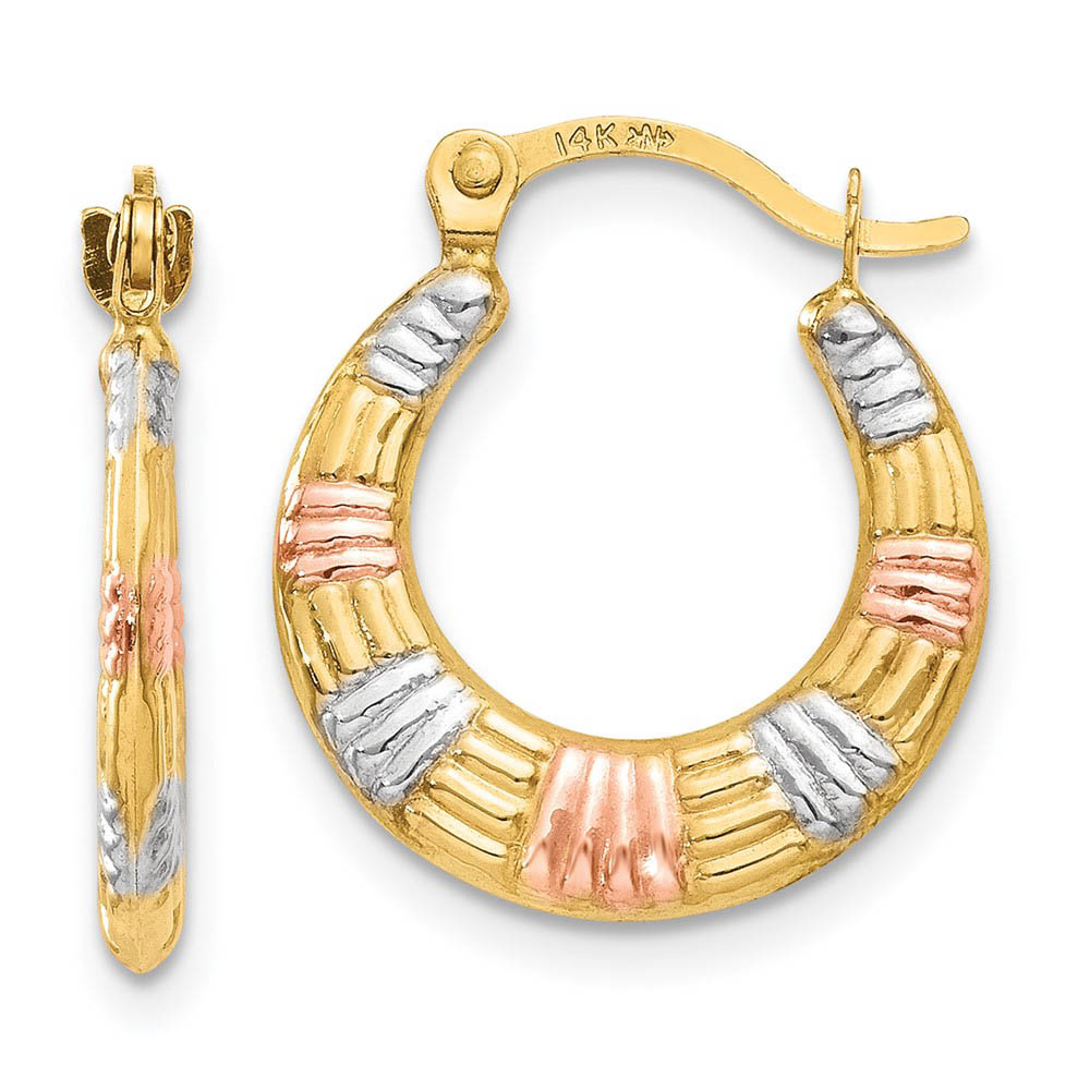 Textured Round Hoops in 14k Yellow Gold with White and Rose Rhodium