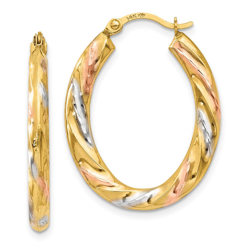 3-Color Hollow Oval Hoops in 14k Yellow Gold w/ White and Rose Rhodium