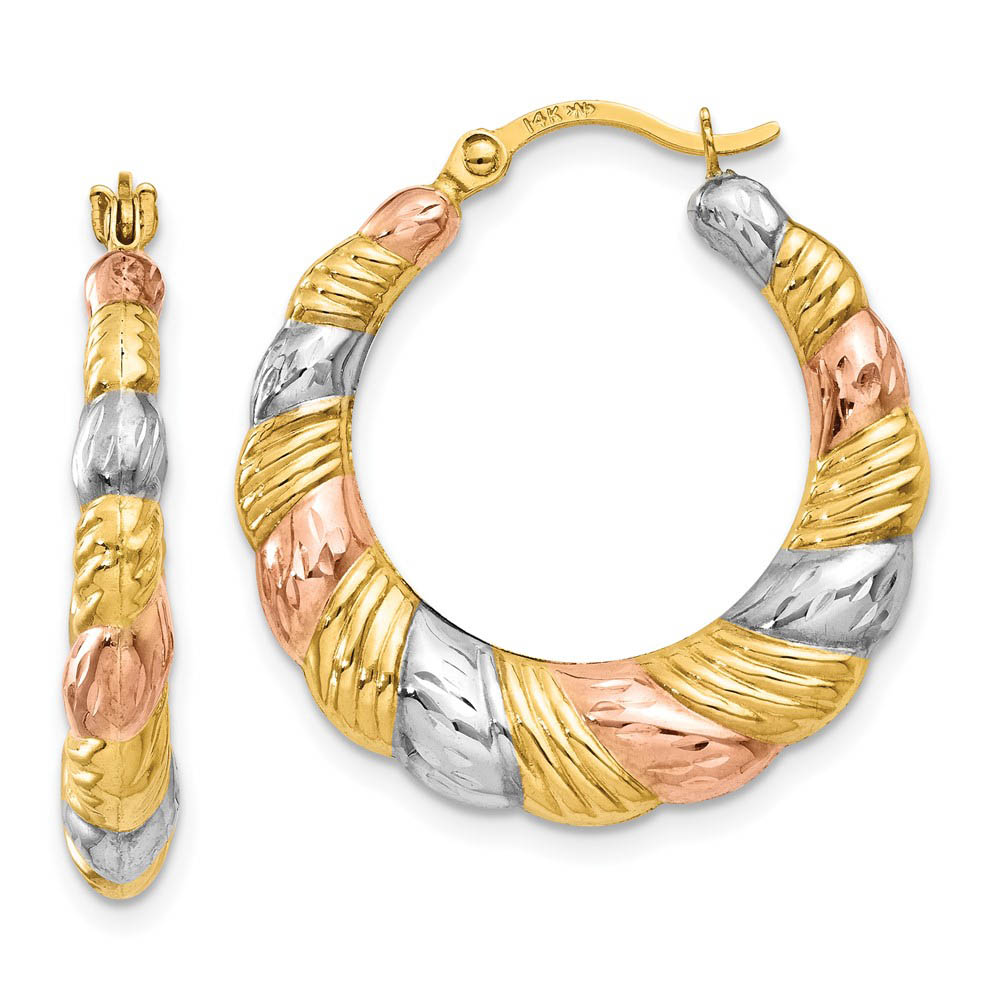 Tri-Color Scalloped Puffed Hoops in 14k Yellow Gold and Rhodium