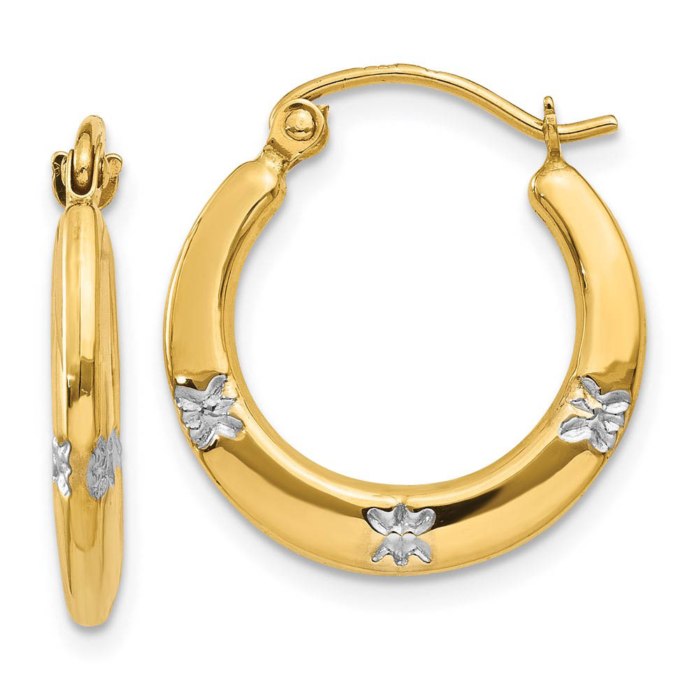 Floral Round Hoop Earrings in 14k Yellow Gold and Rhodium