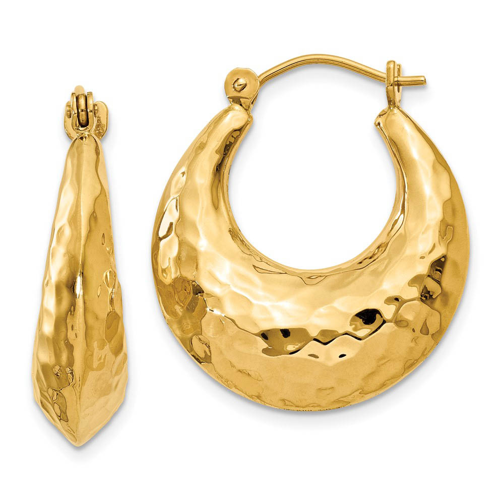 Wide Hammered Puffed Round Hoop Earrings in 14k Yellow Gold