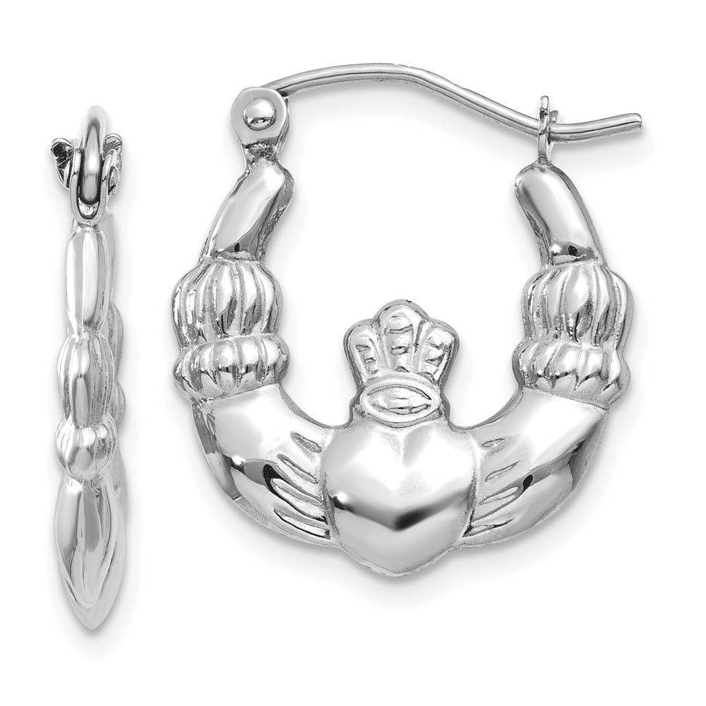 Polished Claddagh Hoop Earrings in 14k White Gold, 16mm