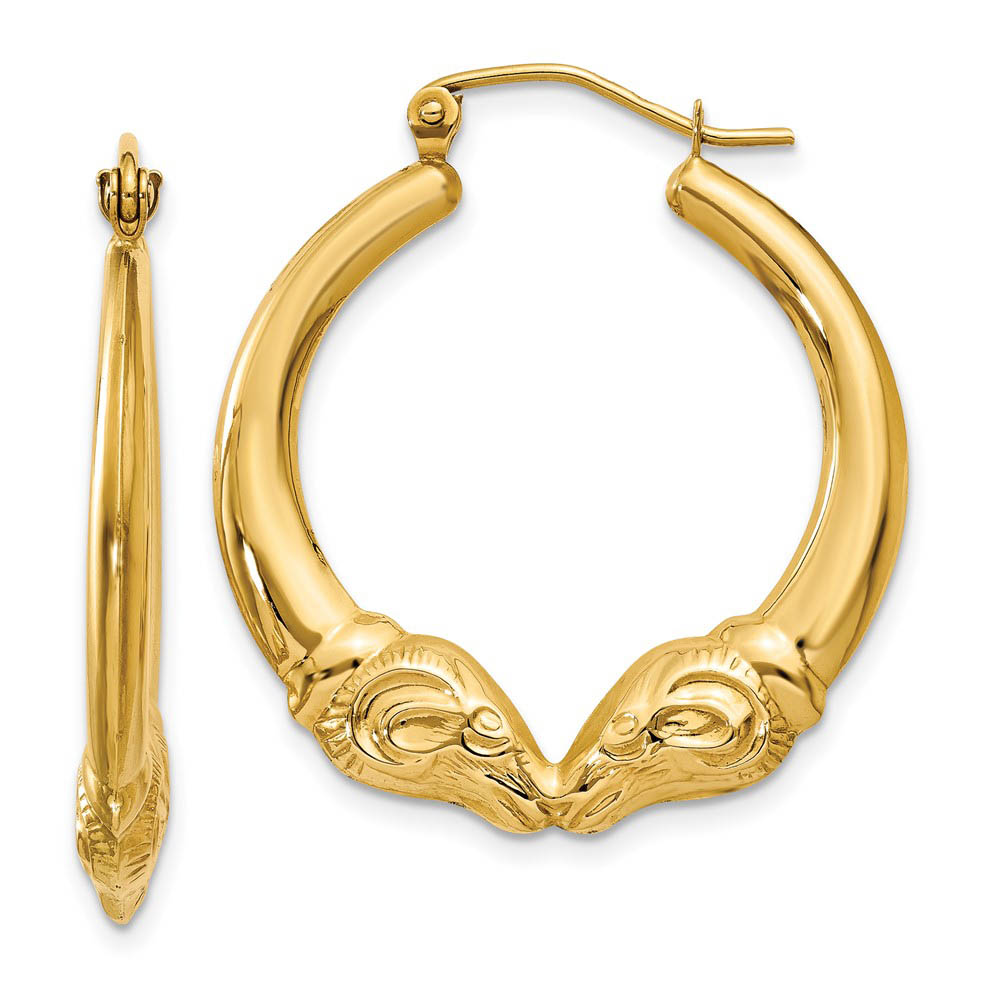 Double Headed Ram Hoop Earrings in 14k Yellow Gold, 25mm