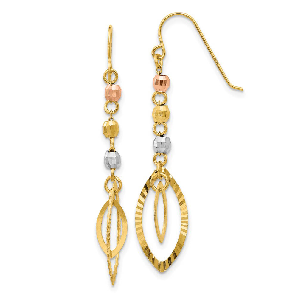 Tri-Color Bead and Marquise Shaped Dangle Earrings in 14k Gold