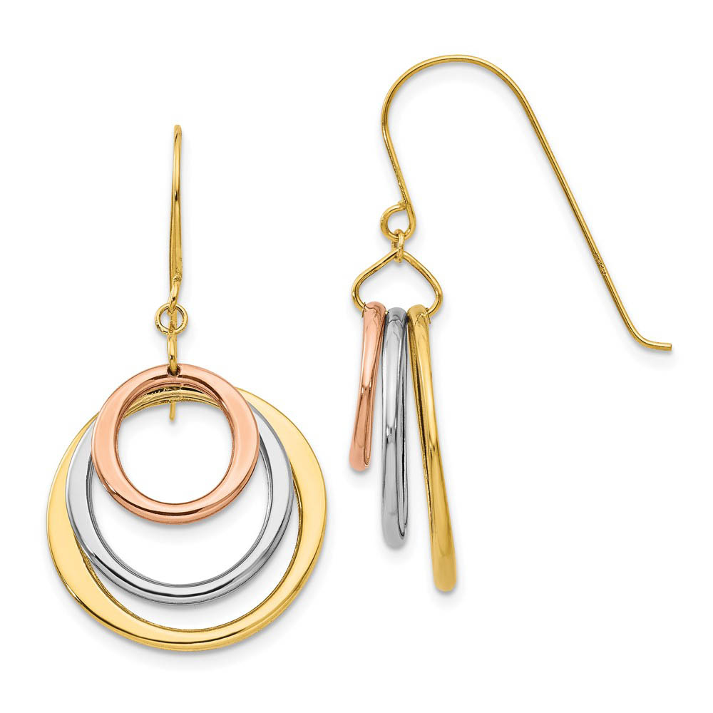 Tri-color Triple Circle Dangle Earrings in 14k Gold