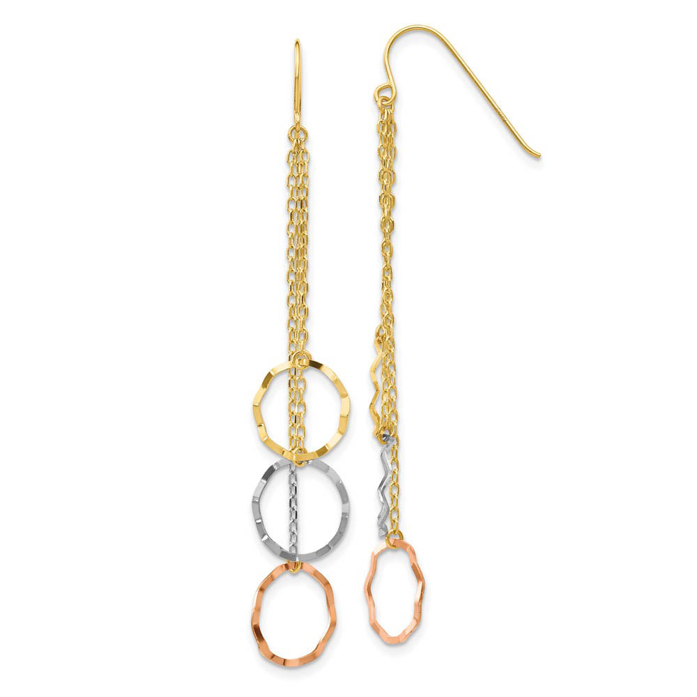 Tri-Color Faceted Circles Chain Dangle Earrings in 14k Gold