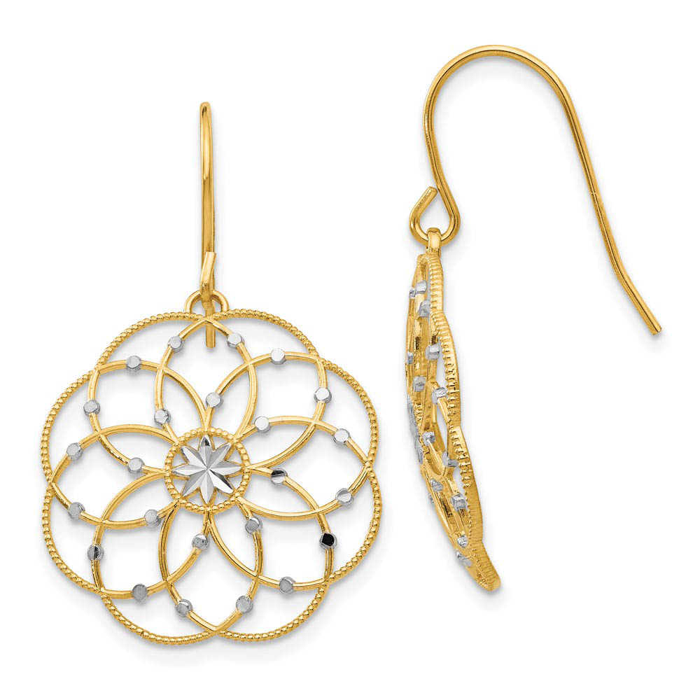 Intricate Blossom Earrings in 14k Yellow Gold and Rhodium