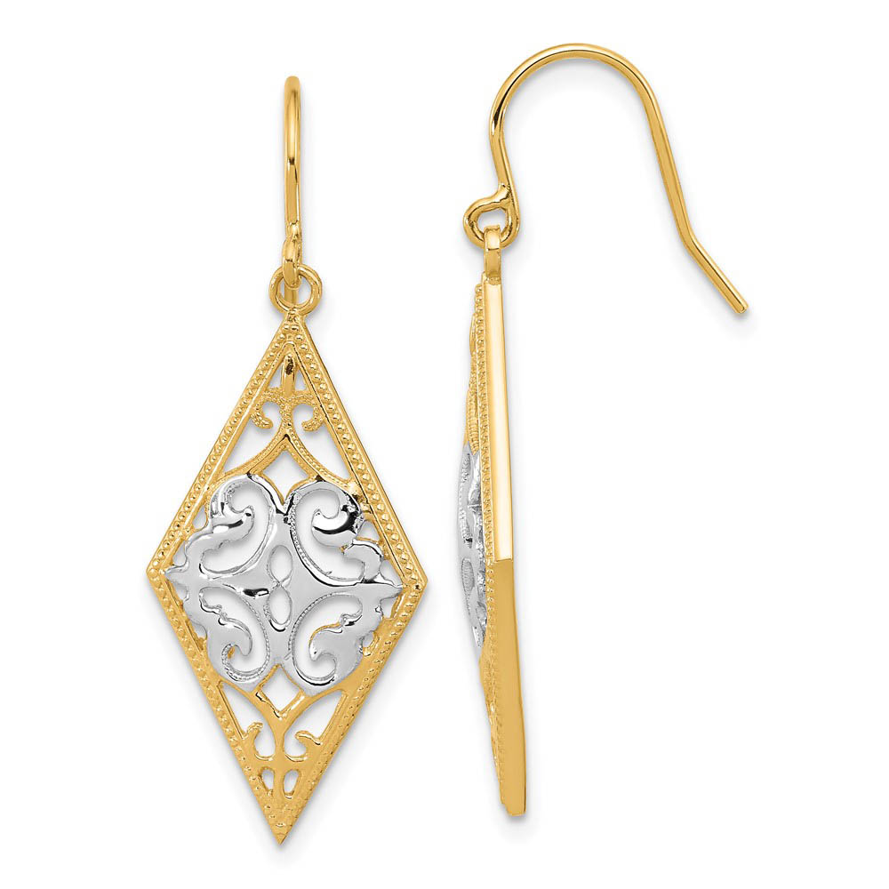 Diamond Shape Filigree Dangle Earrings in 14k Yellow Gold and Rhodium