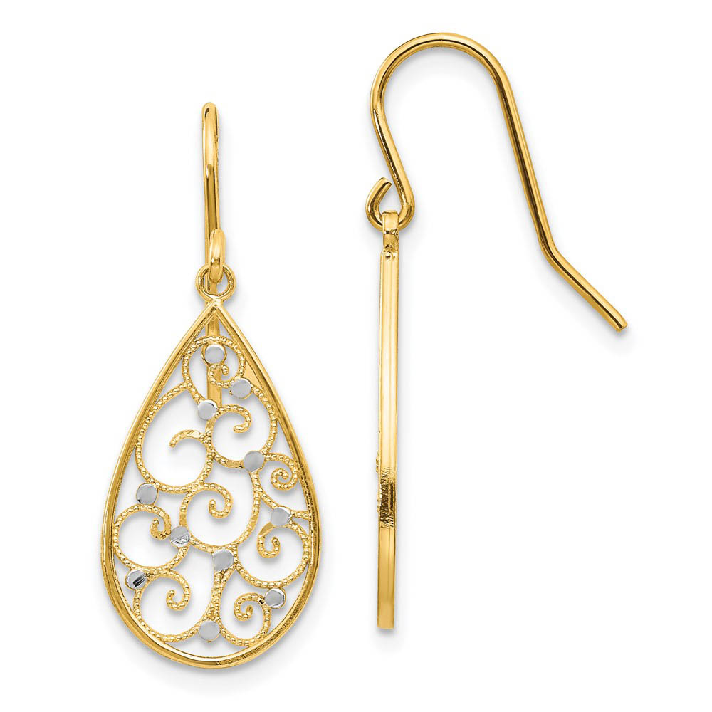 Open Scroll Teardrop Earrings in 14k Yellow Gold and Rhodium