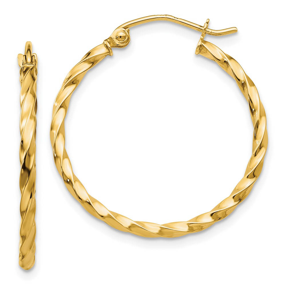 2mm, Twisted 14k Yellow Gold Round Hoop Earrings, 25mm (1 Inch)