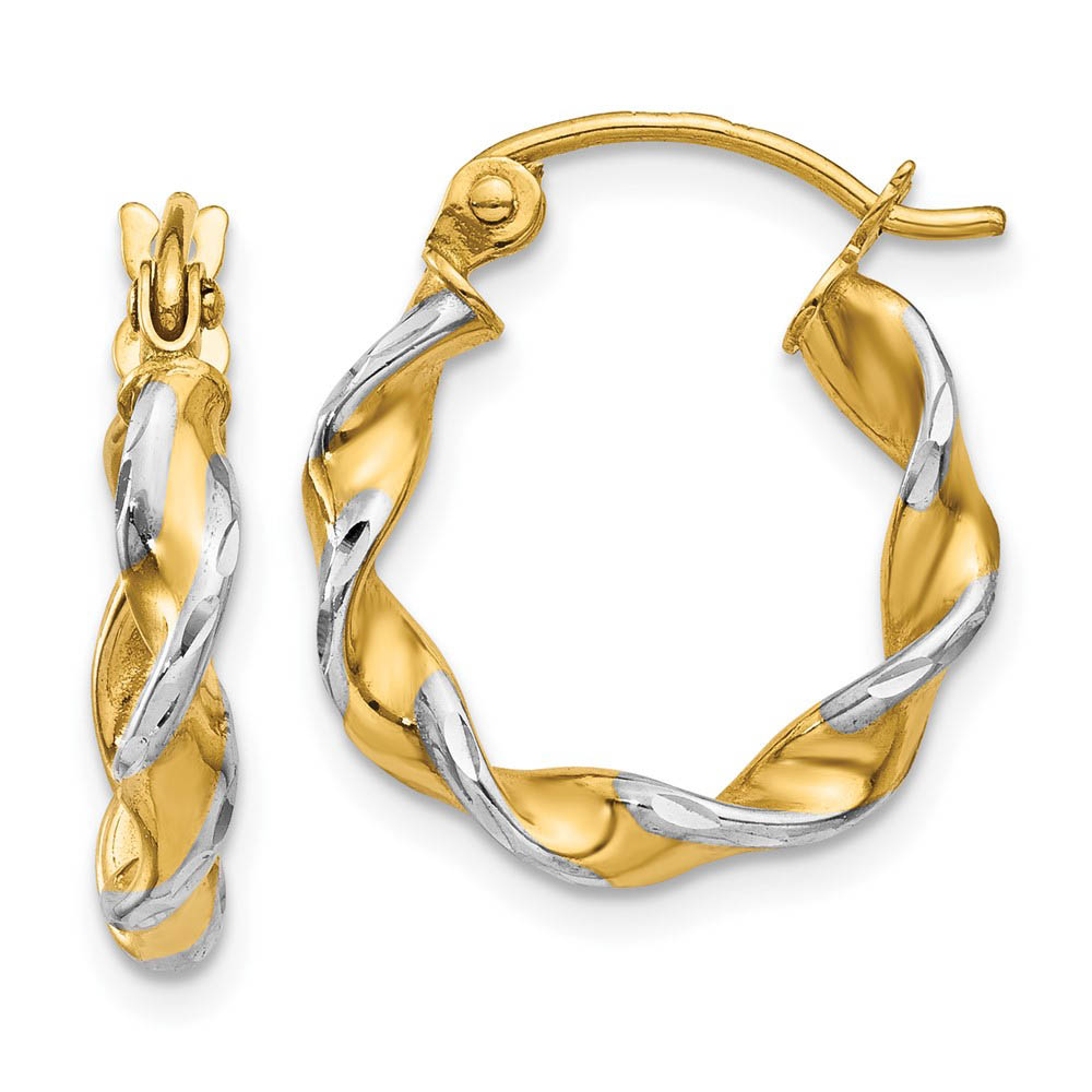 2.75mm, Two-tone Twisted Hoops in 14k Yellow Gold and Rhodium, 15mm