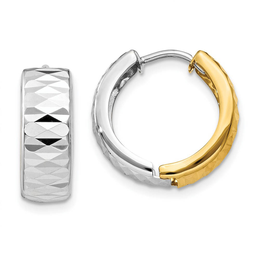 14k Two-Tone Gold Textured Hinged Round Huggie Hoop Earrings, 14mm