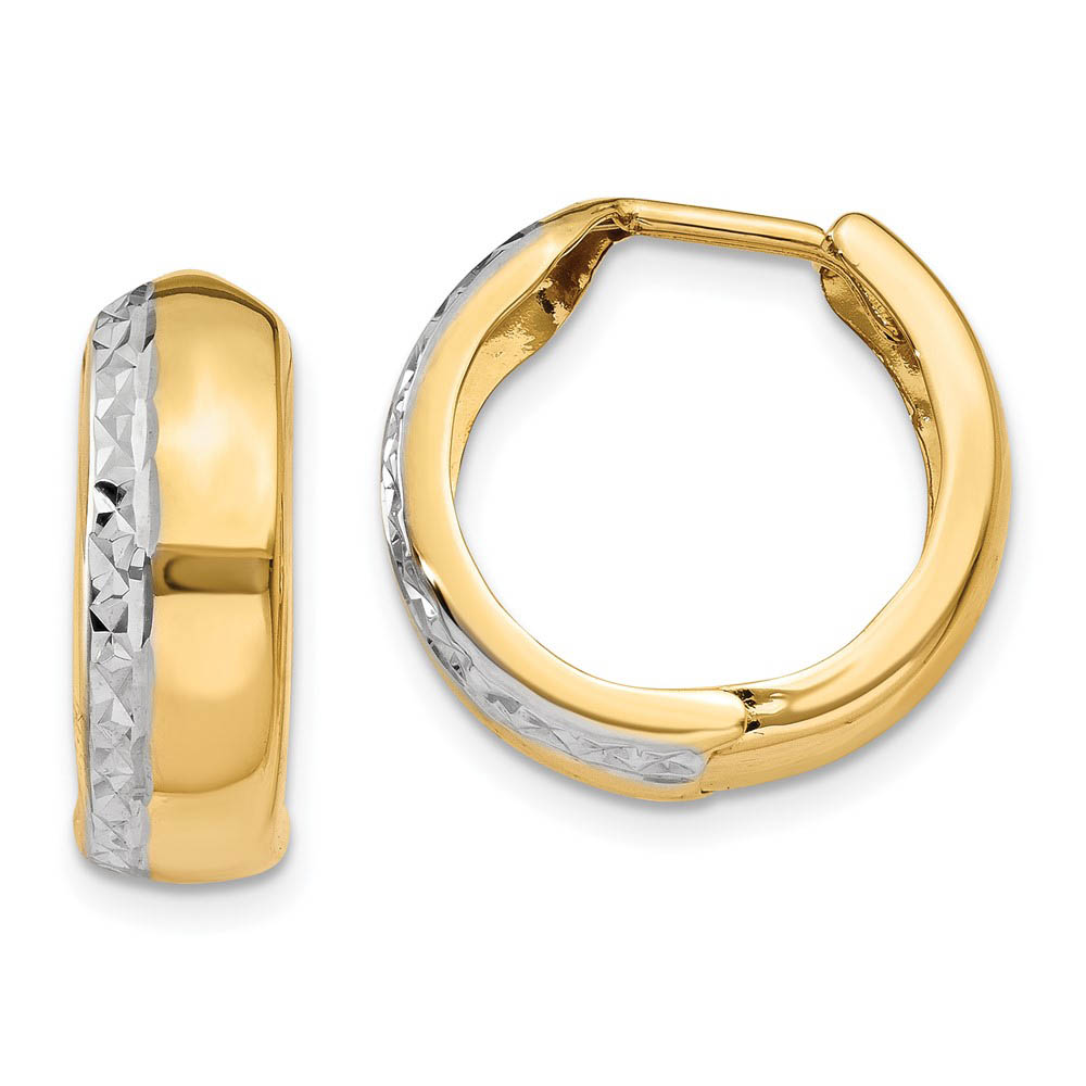 14k Two-Tone Gold Diamond Cut Huggie Round Hoop Earrings, 15mm